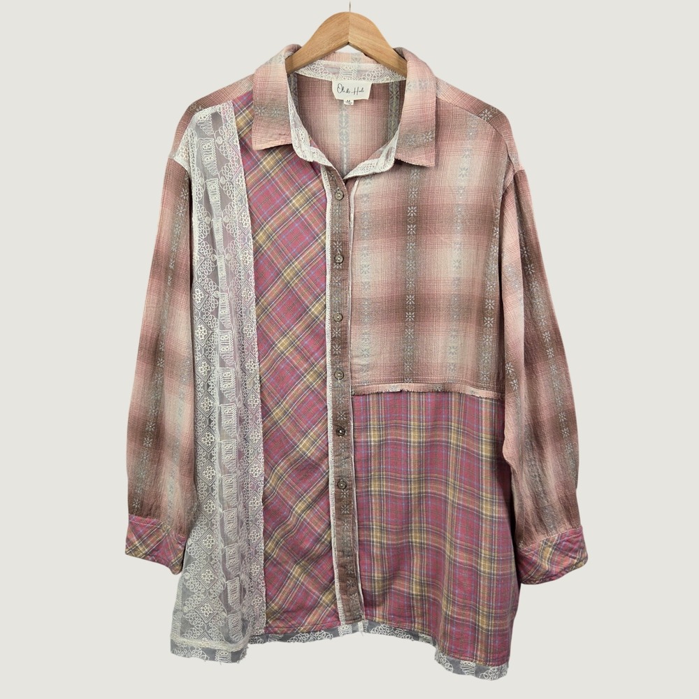 Oli & Hali Plaid Lace Patchwork Button Front Top M Oversized Boho Linen Cottage